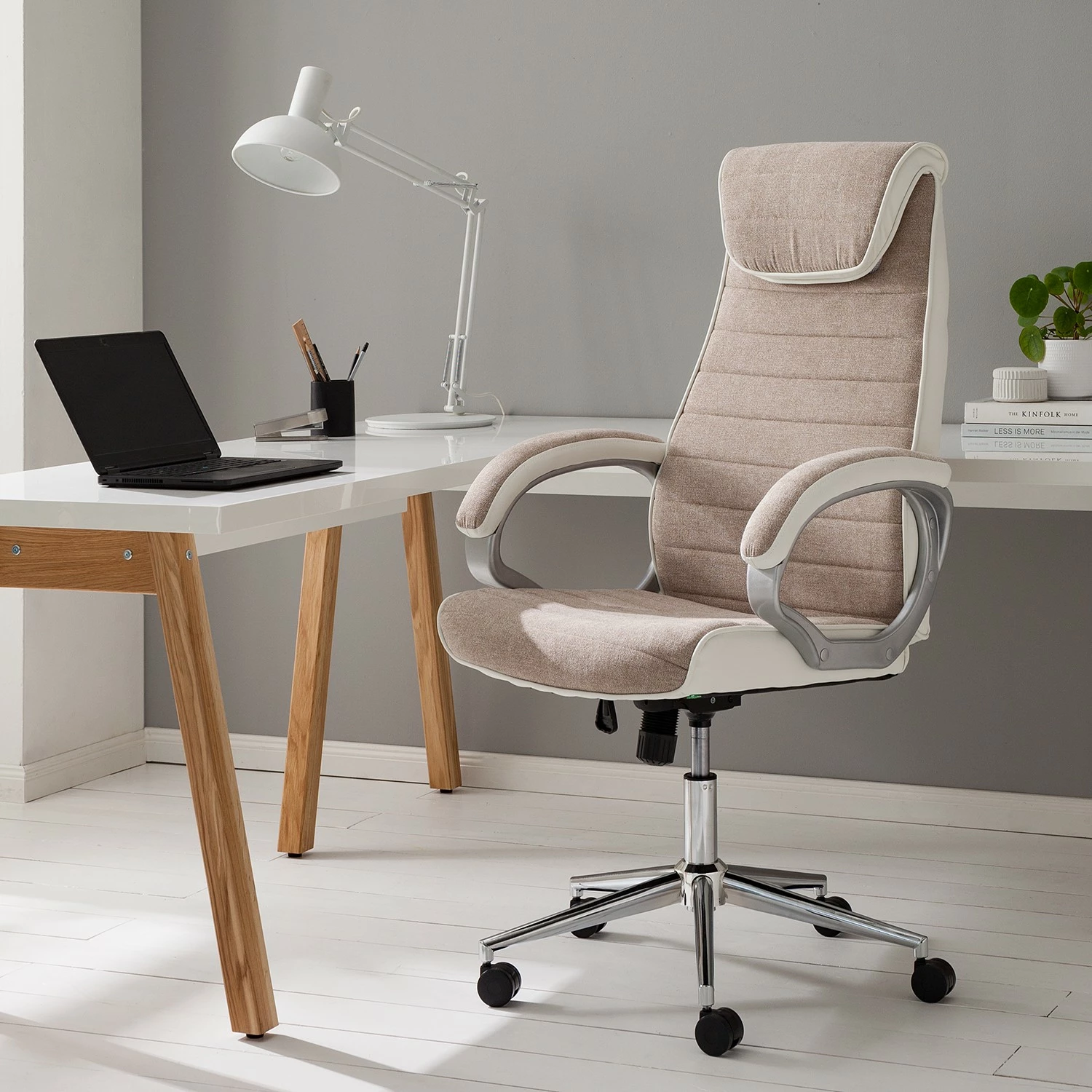 Furnitive Chefsessel Austinmer - Mikrofaser / Kunstleder - Beige / Weiß 4 Furnitive Chefsessel Austinmer - Mikrofaser / Kunstleder - Beige / Weiß – Bild 2