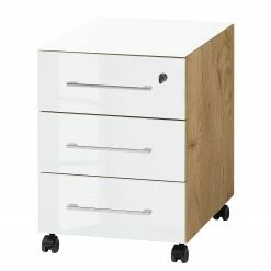 Rollcontainer Monteria - Glas - Weiß / Eiche Navarra Dekor