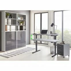 Furnitive Büroset Avin XVI (6-teilig) - (Höhenverstellbar) - Lichtgrau / Hochglanz Anthrazit