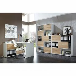 Germania Schiebetürenregal Mingle II - Weiß/Eiche Sonoma Dekor -BÜROMÖBEL Verkaufsgeschäft schiebetuerenregal mingle ii weiss eiche sonoma dekor 5035820