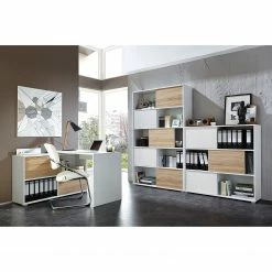 Germania Schiebetürenregal Mingle II - Weiß/Eiche Sonoma Dekor -BÜROMÖBEL Verkaufsgeschäft schiebetuerenregal mingle ii weiss eiche sonoma dekor 5035824